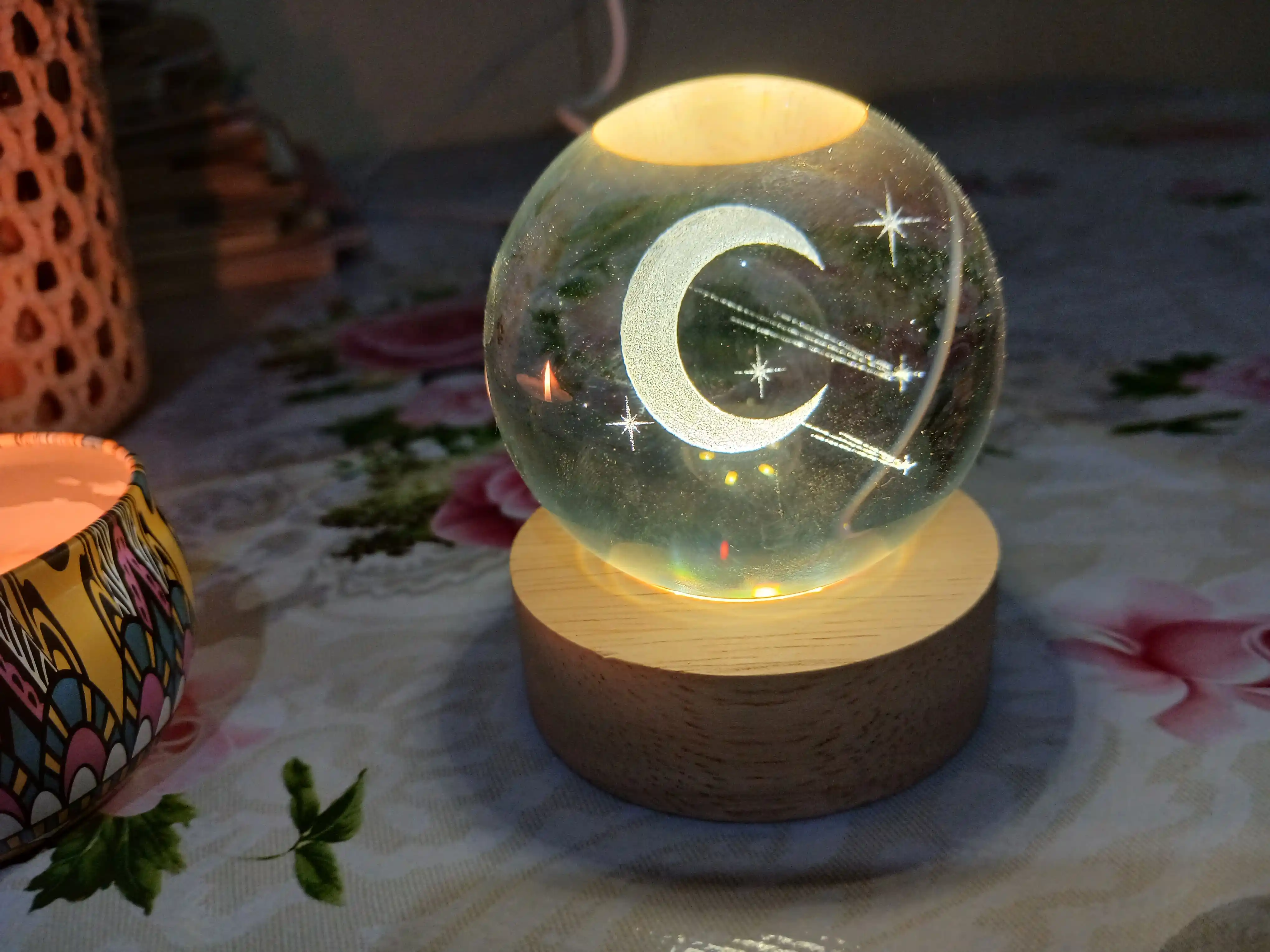 3D billur shar tungi chiroq, LED stol chirog‘i, yarim oy, USB lampa, 6 sm