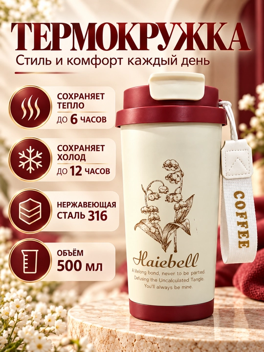 Термокружка Haiebell 500 мл с трубочкой, 2 режима питья, сохраняет тепло и холод - 