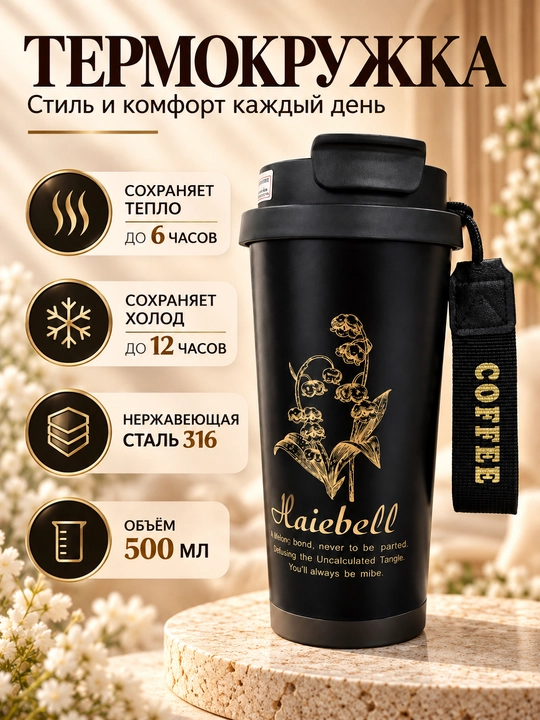 Термокружка Haiebell 500 мл с трубочкой, 2 режима питья, сохраняет тепло и холод - 