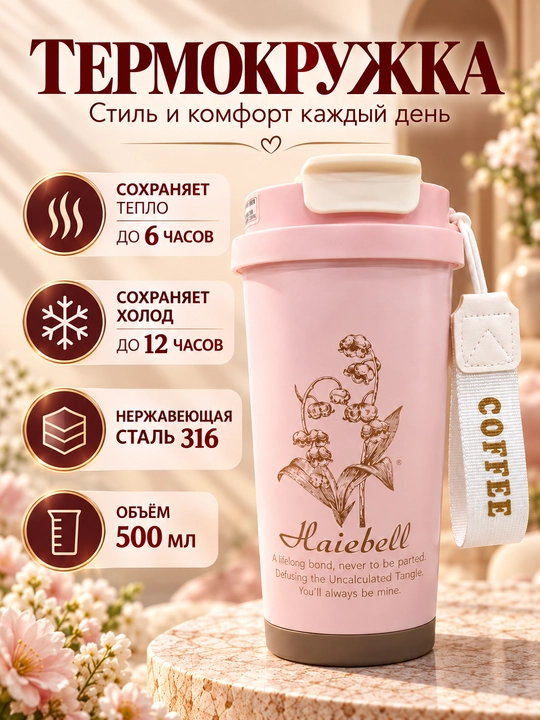 Термокружка Haiebell 500 мл с трубочкой, 2 режима питья, сохраняет тепло и холод - 