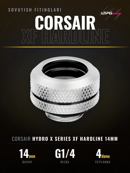 Suyuqlik sovutish fitinglari Corsair Hydro X XF Hardline 14 mm, G1/4, 4 dona, xrom