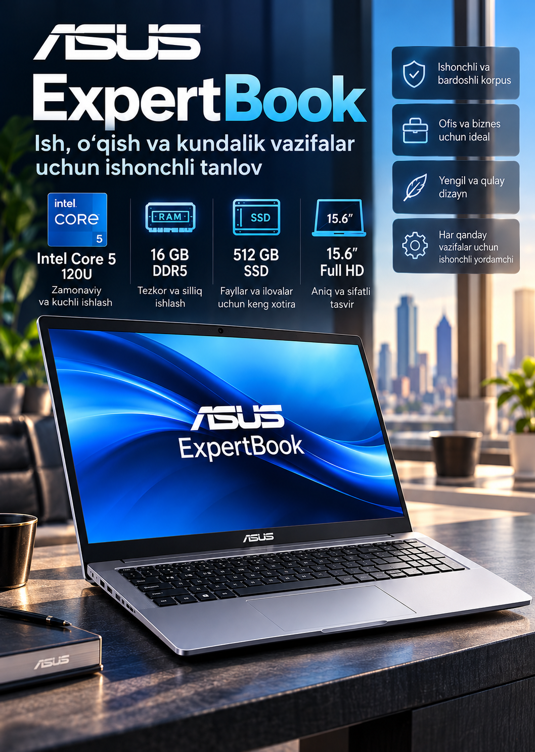 Noutbuk ASUS ExpertBook Intel Core 5-120U 16GB DDR5 512 GB SSD 15,6 dyum Full HD ekran - 