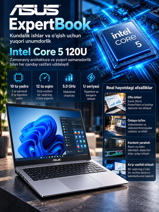 Ноутбук ASUS ExpertBook, Intel Core 5 120U, 16 ГБ DDR5, SSD 512 ГБ, 15.6" Full HD