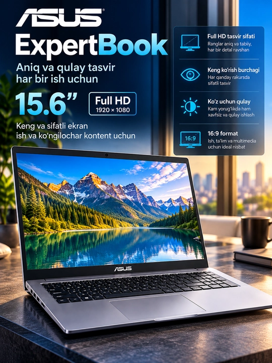 Ноутбук ASUS ExpertBook, Intel Core 5 120U, 16 ГБ DDR5, SSD 512 ГБ, 15.6" Full HD