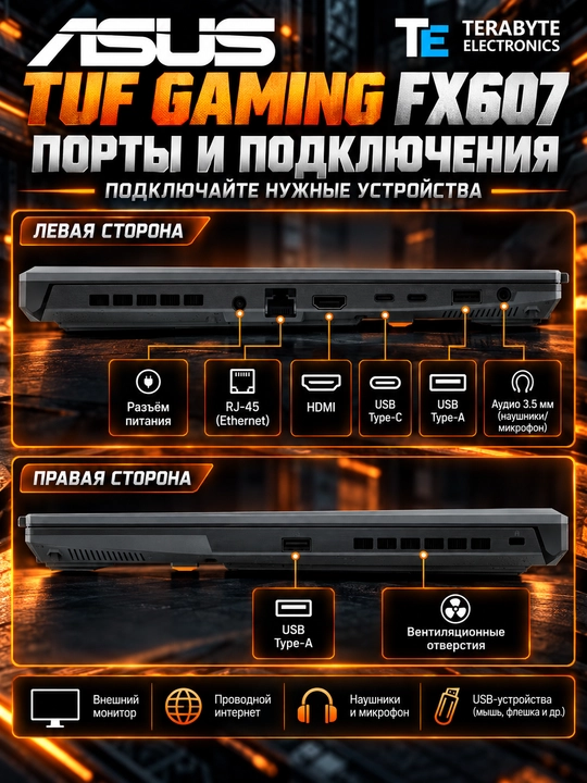 ASUS TUF Gaming FX607 O‘yin Noutbuki, Core 5 210H, 16/512GB, RTX 3050 6GB, 144Hz