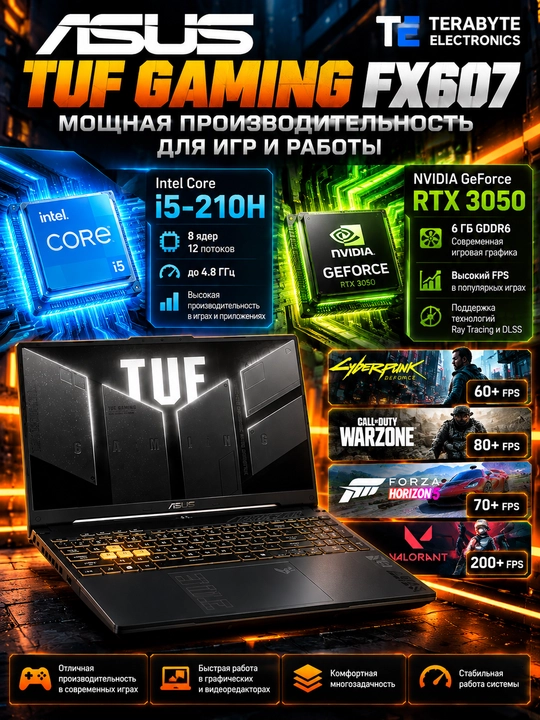 ASUS TUF Gaming FX607 O‘yin Noutbuki, Core 5 210H, 16/512GB, RTX 3050 6GB, 144Hz