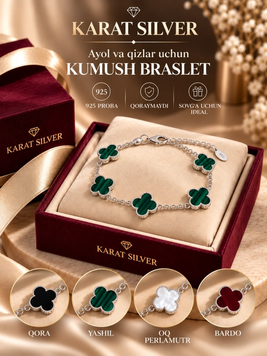 Серебряный браслет Van Cleef 925 пробы, женское украшение, серебряный аксессуар в 4 цветах