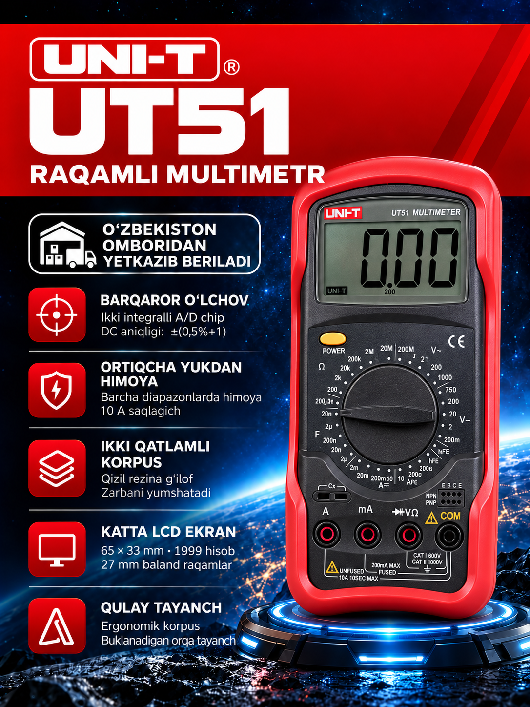 UNI-T UT51 raqamli multimetr, AC/DC kuchlanish va tok, qarshilik, tranzistor testi - 