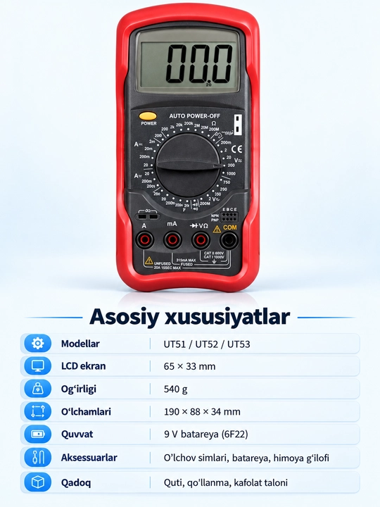 UNI-T UT51 raqamli multimetr, AC/DC kuchlanish va tok, qarshilik, tranzistor testi