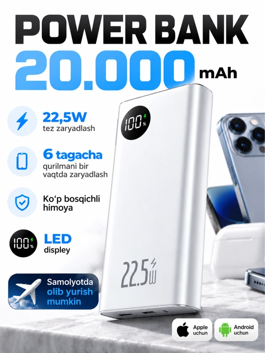 Power bank Tashqi akkumulyator, 20000 mA/soat, 22.5 vt, tez quvvat oladi
