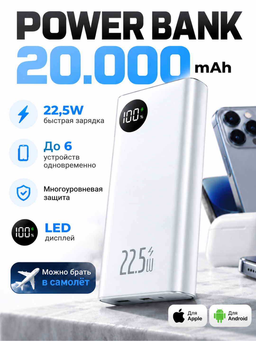 Power bank Внешний аккумулятор, 20000 mA/h, 22.5w, с быстрой зарядкой - 