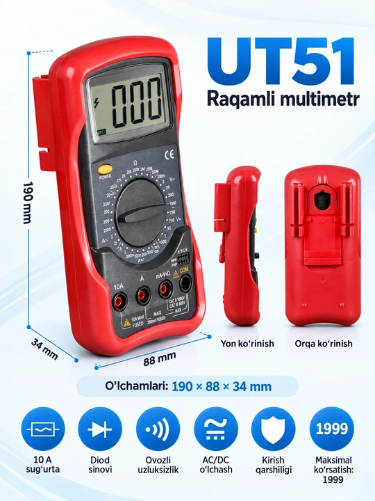 UNI-T UT51 raqamli multimetr, AC/DC kuchlanish va tok, qarshilik, tranzistor testi