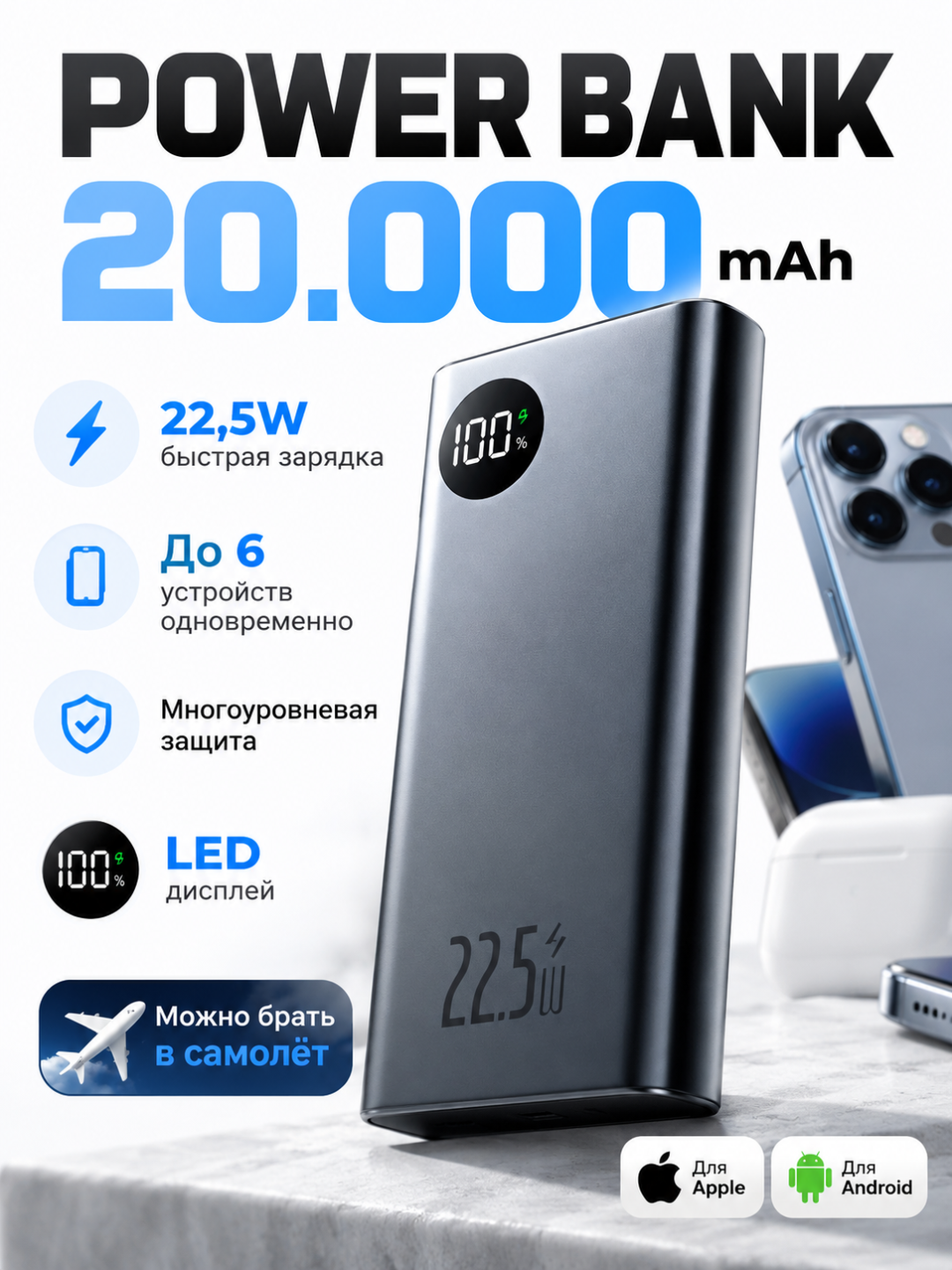 Power bank Tashqi akkumulyator, 20000 mA/soat, 22.5 vt, tez quvvat oladi