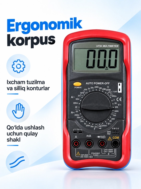 UNI-T UT51 raqamli multimetr, AC/DC kuchlanish va tok, qarshilik, tranzistor testi