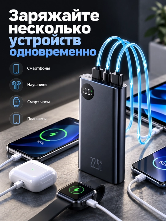 Power bank Tashqi akkumulyator, 20000 mA/soat, 22.5 vt, tez quvvat oladi