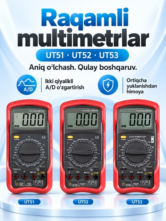 UNI-T UT51 raqamli multimetr, AC/DC kuchlanish va tok, qarshilik, tranzistor testi