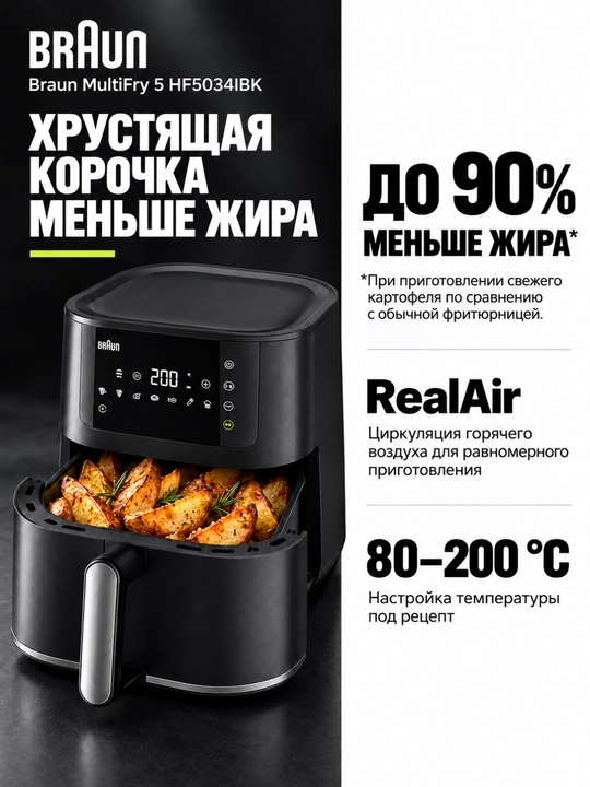 Braun MultiFry 5 HF5034IBK aerogril, 6 l, 1700 Vt, 8 dastur, keramik qoplama