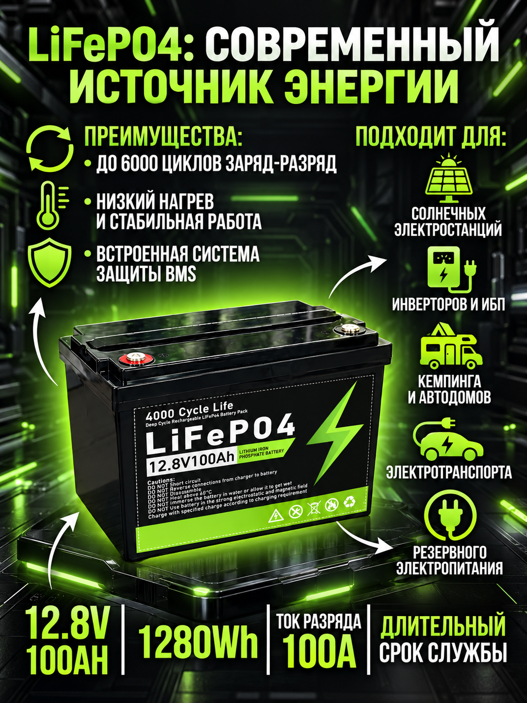 LiFePO4 от 12–до 48V, от 100–280Ah, глубокий цикл, BMS - 