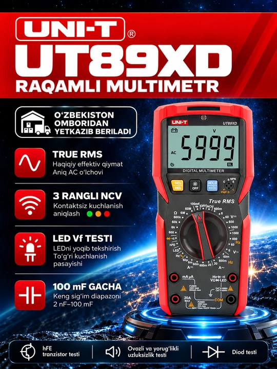 UNI-T UT89XD raqamli multimetr, True RMS, LED testi, NCV, avtomatik yoritgich - 
