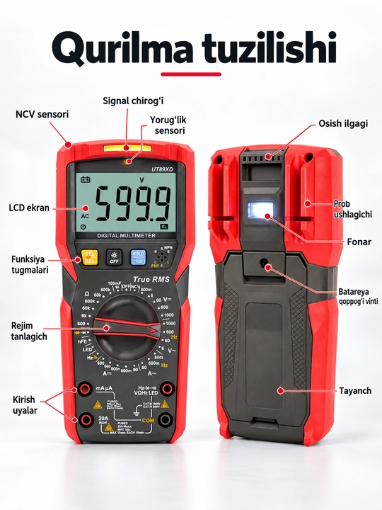 Цифровой мультиметр UNI-T UT89XD, True RMS, тест LED, NCV, подсветка и фонарик