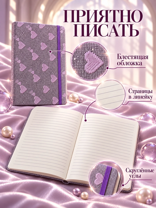 Блокнот с сердцами в линейку на резинке, 215 × 155 мм