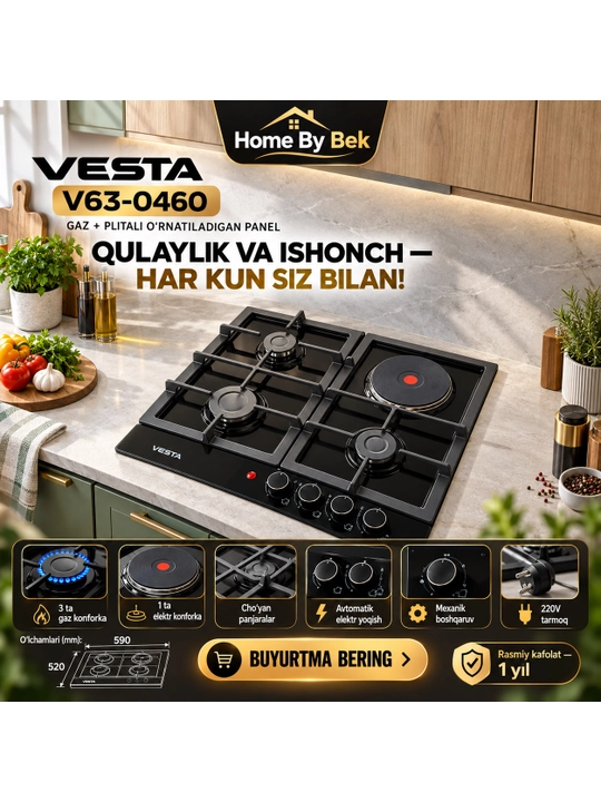 VESTA V63-0460 - gaz va elektr konforkali o‘rnatilgan pishirish paneli - 