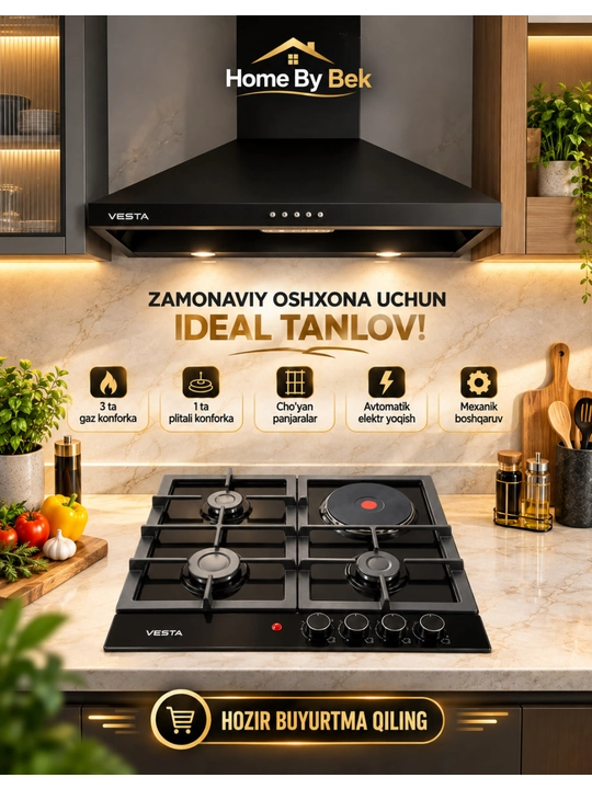 VESTA V63-0460 - gaz va elektr konforkali o‘rnatilgan pishirish paneli