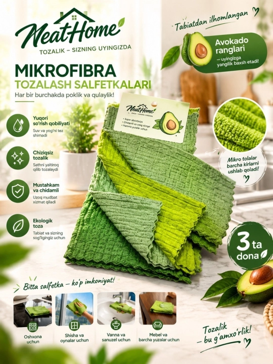 "Avokado" mikrofiber salfetkalar to‘plami 3 dona, 30x30 - 