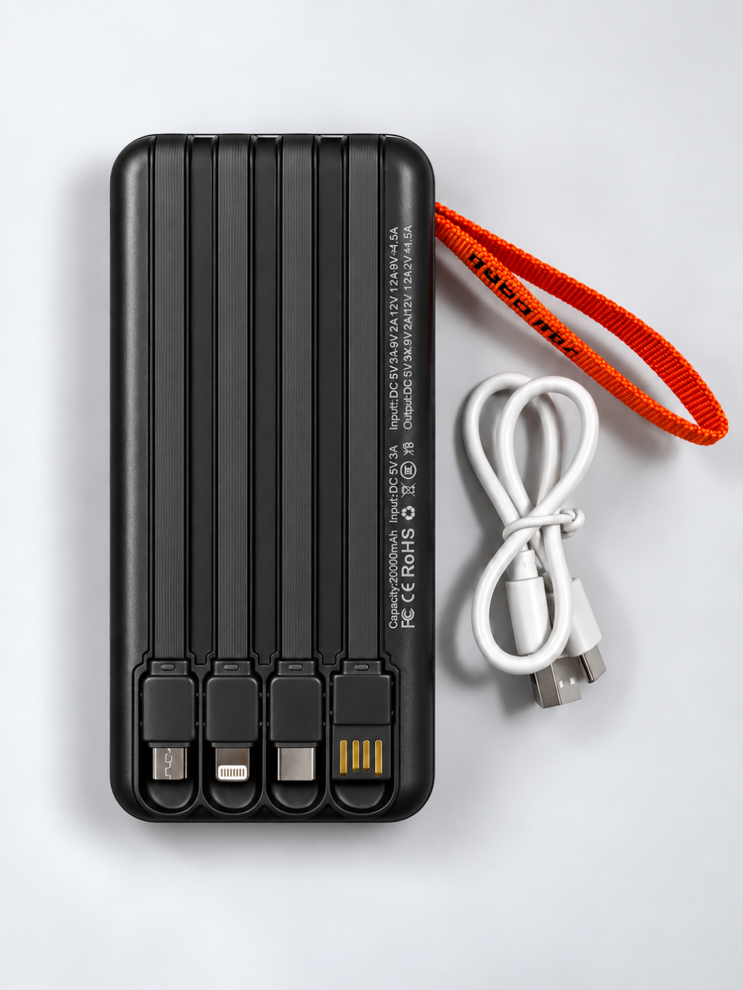 Power Bank 20000 mAh 22.5W с ремешком, встроенными кабелями, фонариком и быстрой зарядкой