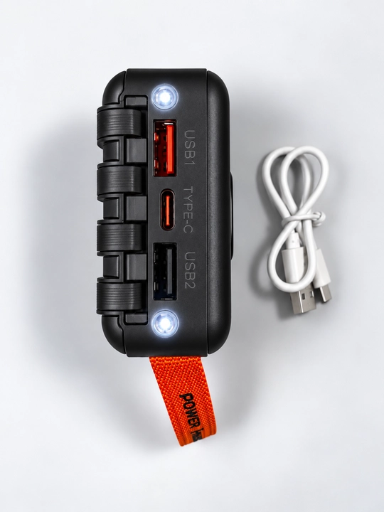 Power Bank 20000 mAh 22.5W с ремешком, встроенными кабелями, фонариком и быстрой зарядкой