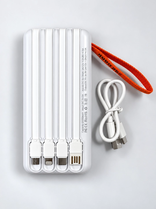 Power Bank 20000 mAh 22.5W с ремешком, встроенными кабелями, фонариком и быстрой зарядкой
