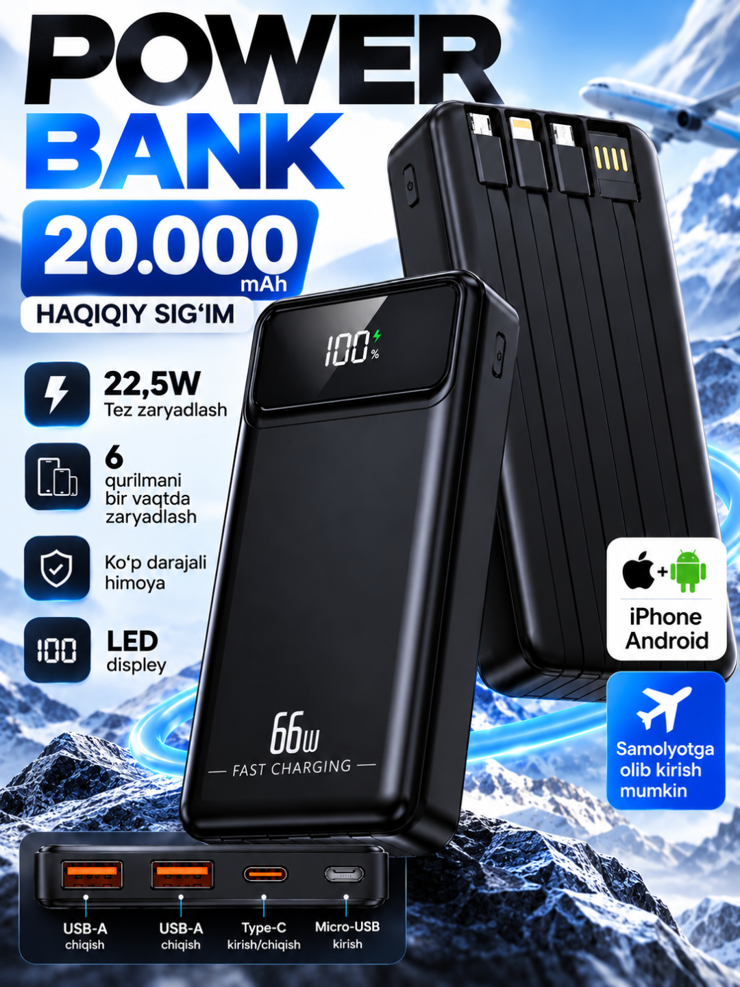 Power Bank 20000mA 66W tezkor quvvat bilan tashqi akkumulyatori +4 kabel bilan - 