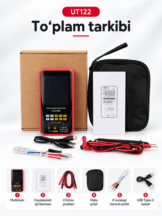 UNI-T UT122 aqlli raqamli multimetr, avtomatik aniqlash, True RMS, Type-C