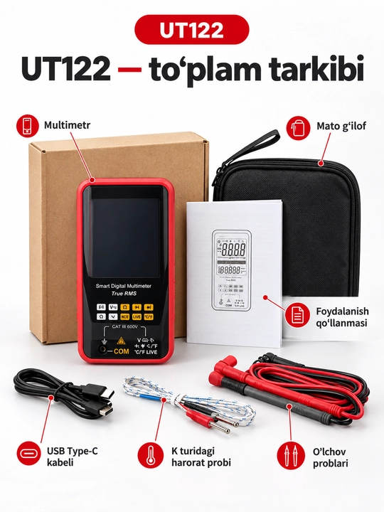 UNI-T UT122 aqlli raqamli multimetr, avtomatik aniqlash, True RMS, Type-C