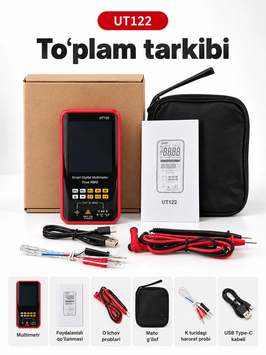 UNI-T UT122 aqlli raqamli multimetr, avtomatik aniqlash, True RMS, Type-C