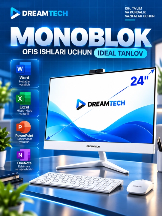 Ofis monobloki DREAMTECH Intel Core i7 8GB DDR3 tezkor xotira 128GB 1 TB SSD 24dyum FullHD