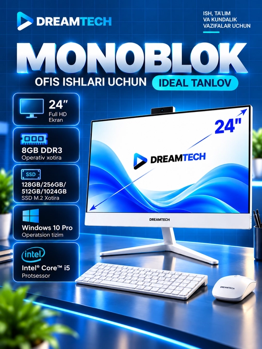 Ofis monobloki DREAMTECH Intel Core i7 8GB DDR3 tezkor xotira 128GB 1 TB SSD 24dyum FullHD