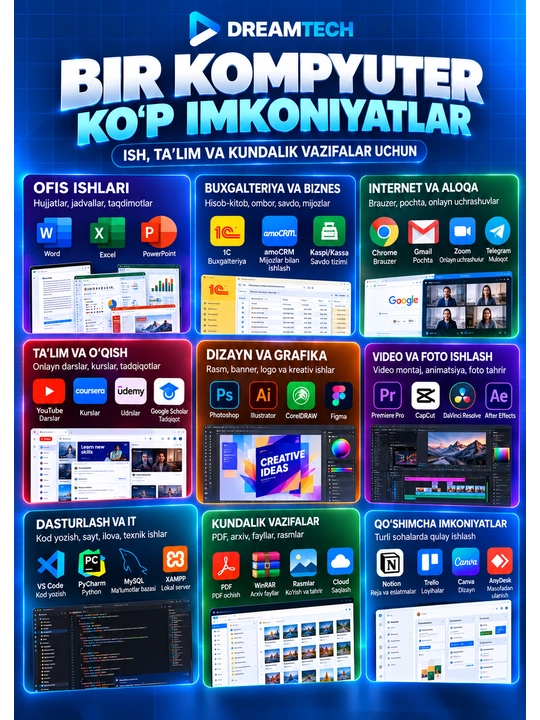 Ofis monobloki DREAMTECH Intel Core i7 8GB DDR3 tezkor xotira 128GB 1 TB SSD 24dyum FullHD