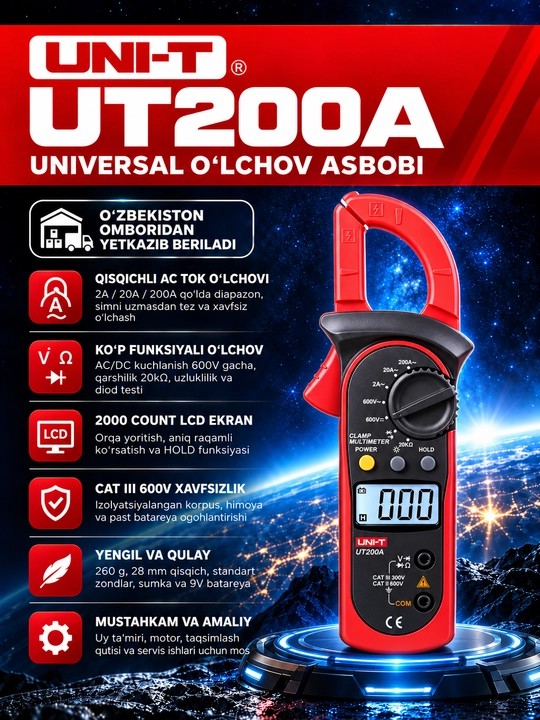 UNI-T UT200A raqamli tok qisqichi, 200 A AC, 600 V AC/DC, qarshilik o‘lchash - 