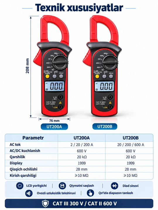 UNI-T UT200A raqamli tok qisqichi, 200 A AC, 600 V AC/DC, qarshilik o‘lchash