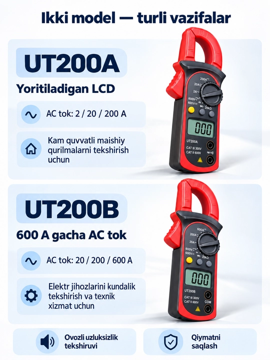 UNI-T UT200A raqamli tok qisqichi, 200 A AC, 600 V AC/DC, qarshilik o‘lchash