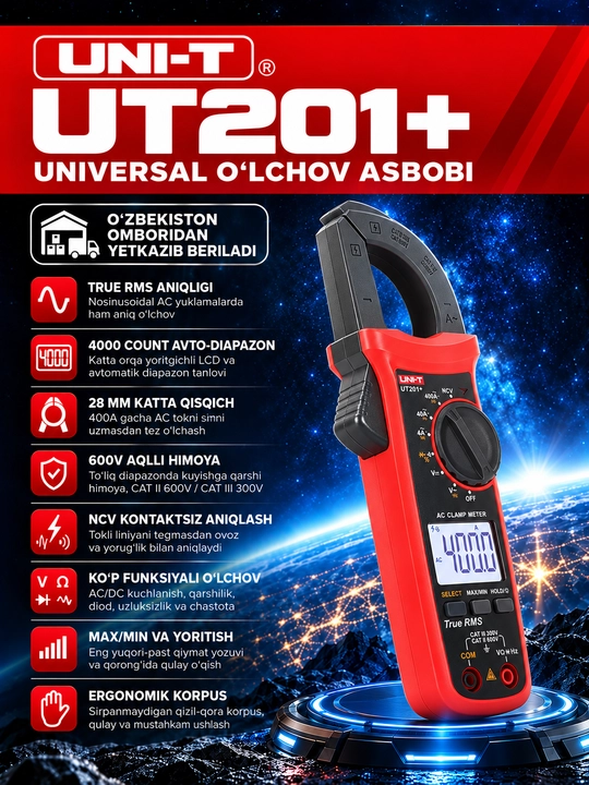 UNI-T UT201+ raqamli tok qisqichi, 400 A AC, True RMS, avtomatik diapazon, NCV - 