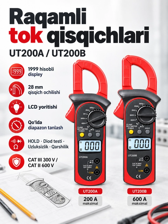 UNI-T UT201+ raqamli tok qisqichi, 400 A AC, True RMS, avtomatik diapazon, NCV