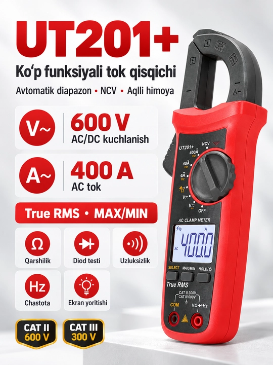 UNI-T UT201+ raqamli tok qisqichi, 400 A AC, True RMS, avtomatik diapazon, NCV