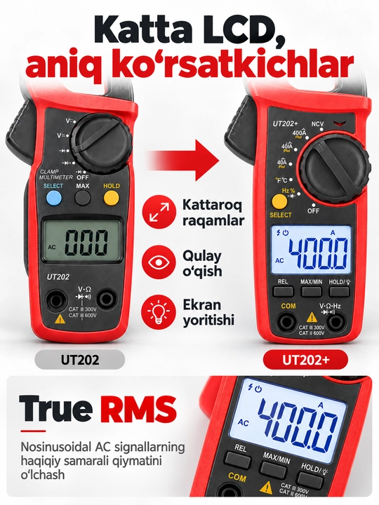 UNI-T UT201+ raqamli tok qisqichi, 400 A AC, True RMS, avtomatik diapazon, NCV