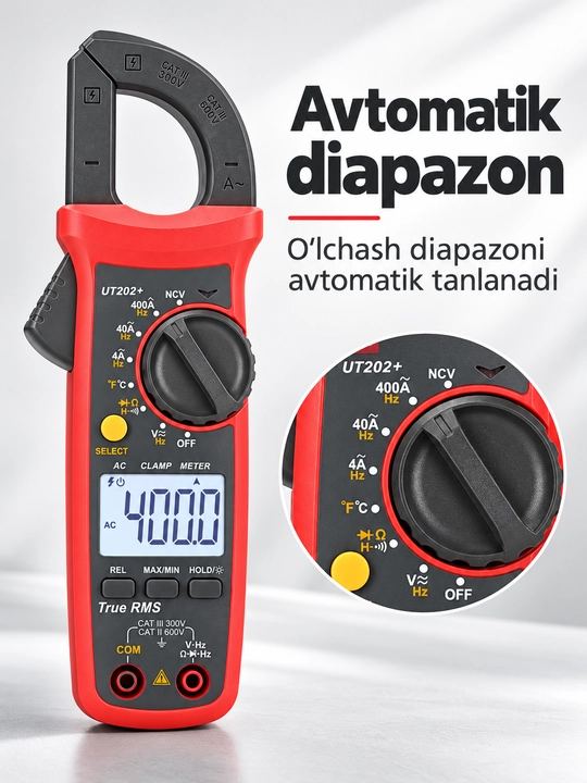 UNI-T UT201+ raqamli tok qisqichi, 400 A AC, True RMS, avtomatik diapazon, NCV