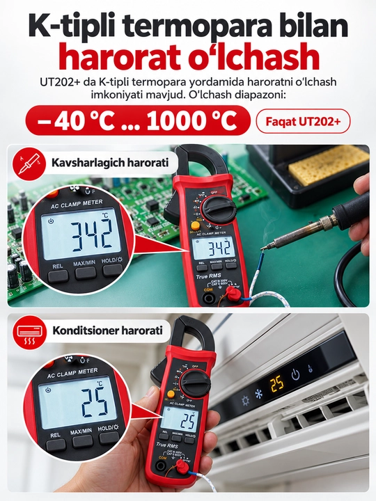 UNI-T UT201+ raqamli tok qisqichi, 400 A AC, True RMS, avtomatik diapazon, NCV