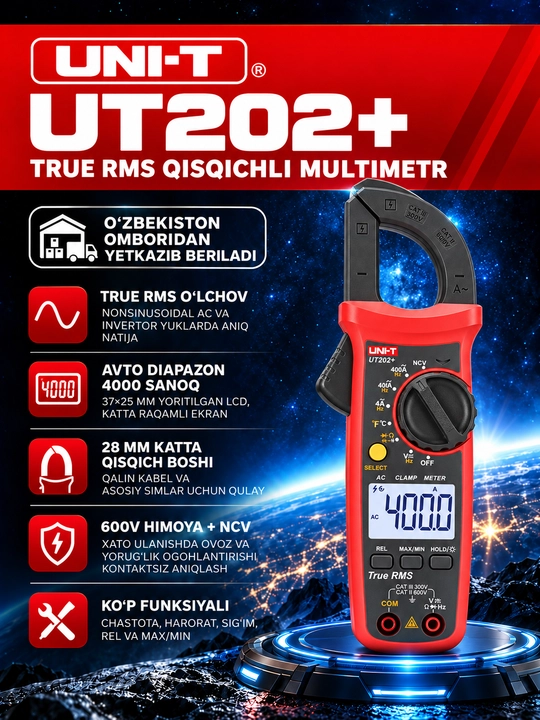 UNI-T UT202+ raqamli tok qisqichi, 400 A AC, True RMS, harorat va sig‘im o‘lchash - 