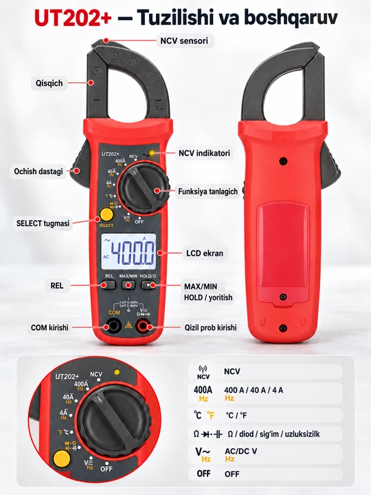 UNI-T UT202+ raqamli tok qisqichi, 400 A AC, True RMS, harorat va sig‘im o‘lchash