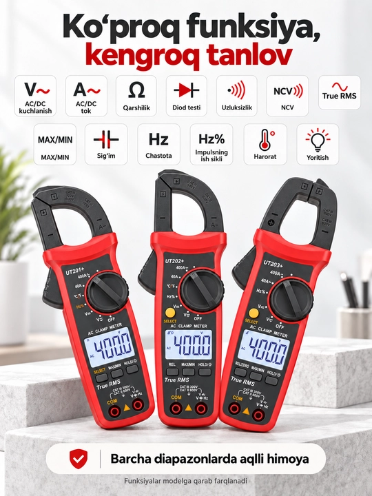 UNI-T UT202+ raqamli tok qisqichi, 400 A AC, True RMS, harorat va sig‘im o‘lchash